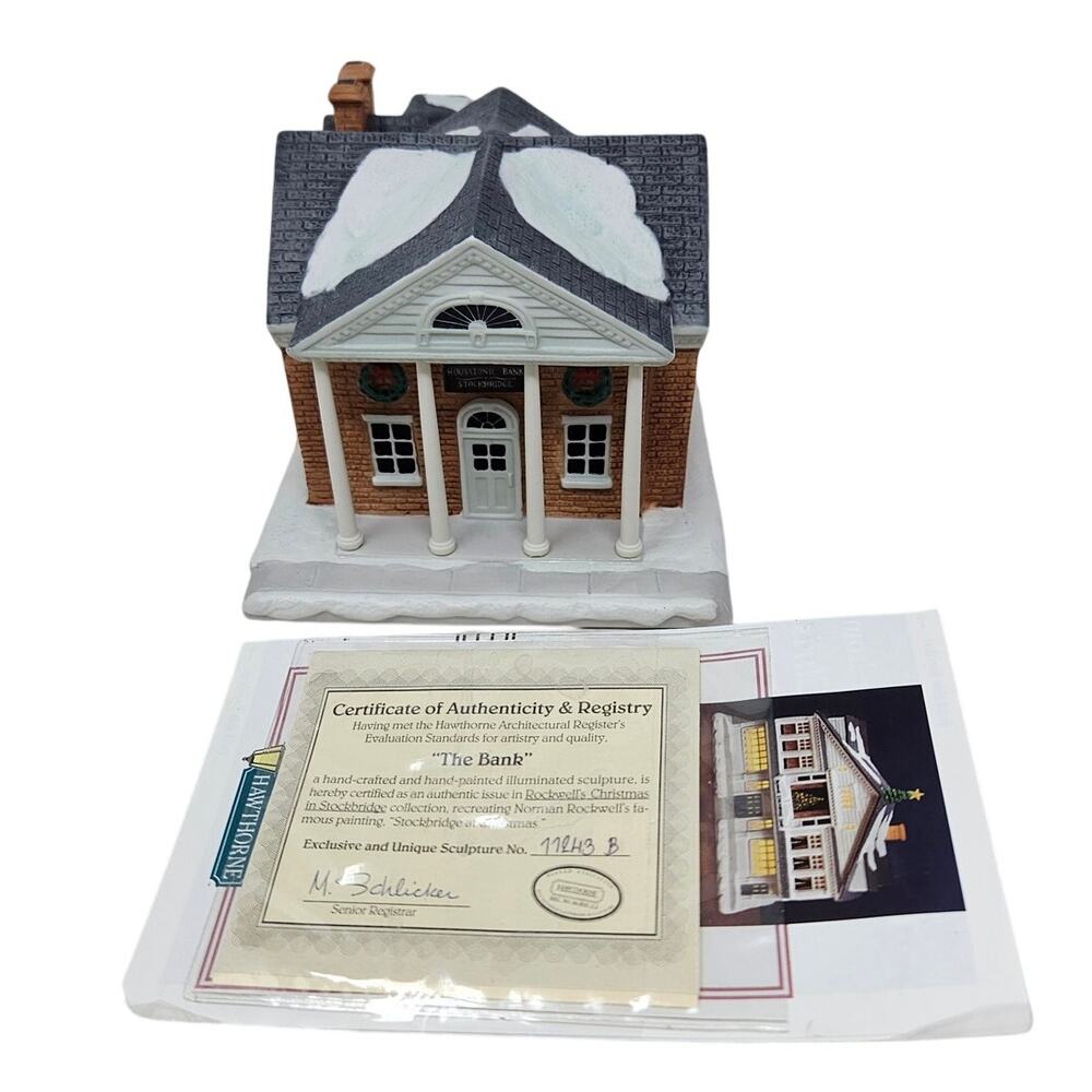 Hawthrone Rockwell's Stockbridge Christmas Village The Bank Ceramic Light Up